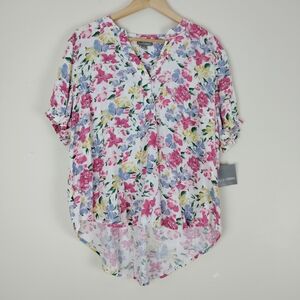 Falls Creek Multicolor Linen Blend Popover Split Neck High Low Blouse Size 1X